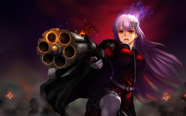 HD anime desktop wallpaper featuring Florence Nightingale from Fate/Grand Order, wielding a large revolver with a dynamic and intense background.