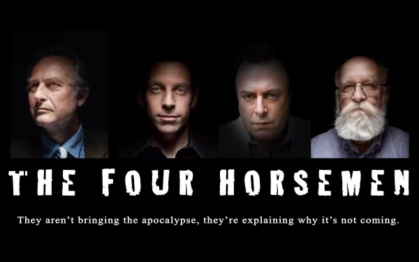 A captivating HD desktop wallpaper featuring The Four Horsemen, highlighting influential voices in anti-religious discourse, with a bold statement on modern beliefs.