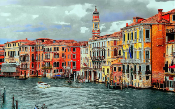 Colorful buildings line Venice's Grand Canal with gondolas and boats gliding through the water under a cloudy sky in this vibrant HD desktop wallpaper.