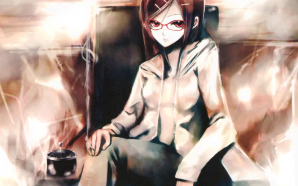 Anime original: short brown-haired woman with red eyes and glasses sits smoking a cigarette in an armchair — moody 4K Ultra HD PC desktop wallpaper background.