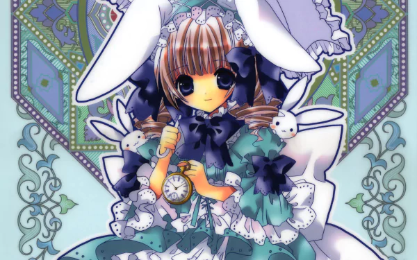 4K Ultra HD anime original PC desktop wallpaper: smiling long brown-haired girl with blue eyes, bunny ears and bow on a frilly outfit, holding a pocket watch amid pastel bunny motifs.