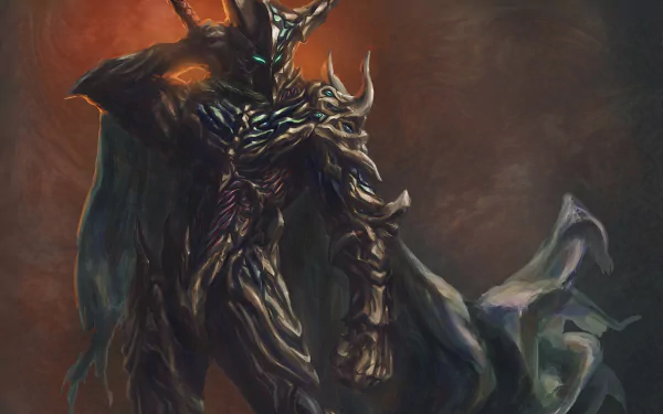 Dark warrior clad in intricate, menacing armor stands against a smoky, ominous background in this HD PC desktop wallpaper.