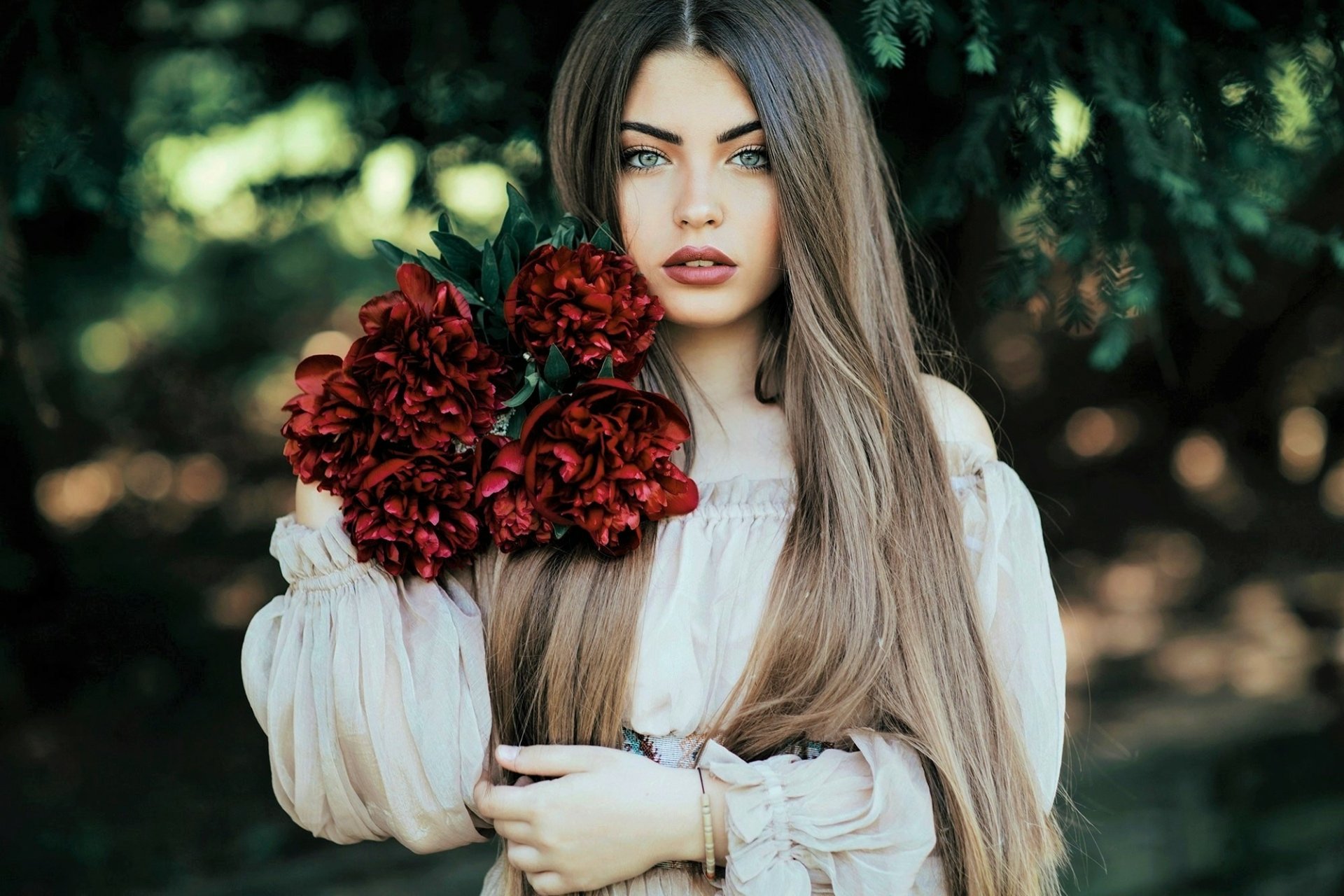 Brunette Muse with Scarlet Blooms — HD Wallpaper by Jovana Rikalo ...