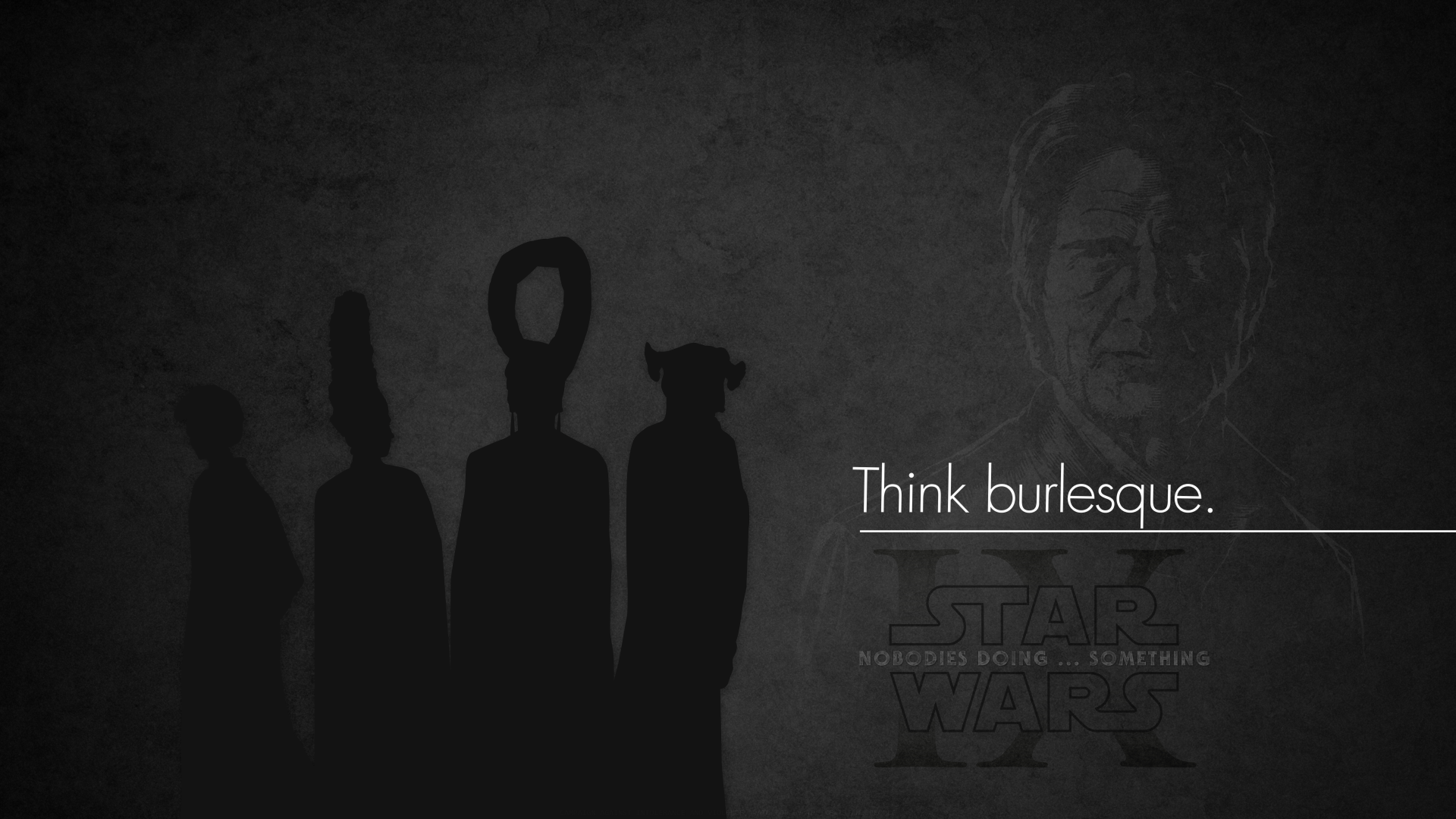 8K Ultra HD desktop wallpaper featuring a moody, dark design inspired by Star Wars: The Last Jedi with silhouettes and the text Think burlesque.