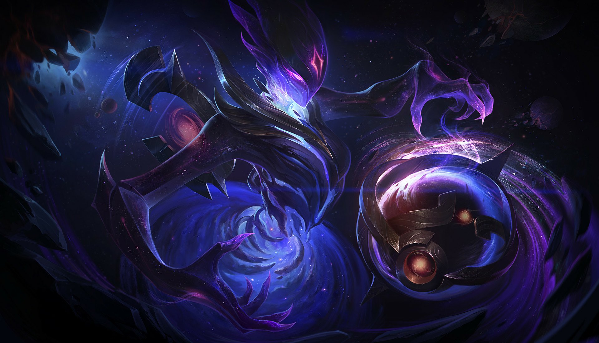 HD PC desktop wallpaper featuring Orianna from League of Legends, showcasing her dark, mystical design with swirling purple energy in a video game art style.