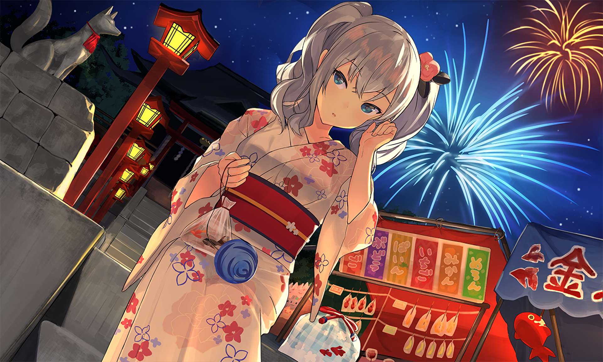 HD desktop wallpaper featuring Kashima from Kantai Collection. She stands in a scenic night festival, wearing a floral yukata, with lanterns, a fox statue, and fireworks decorating the sky.