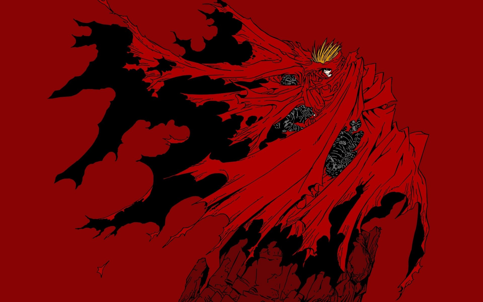 HD PC desktop wallpaper: Anime Trigun — Vash the Stampede in a tattered crimson coat, blond hair and black torn shapes across a deep red background.