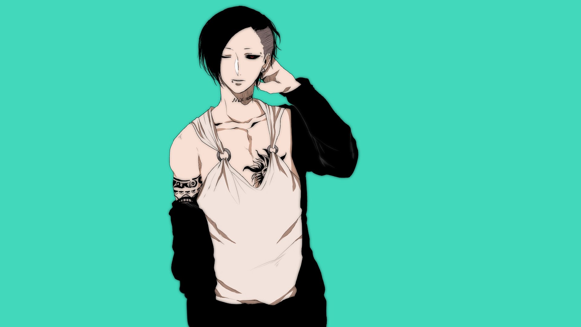 HD PC desktop wallpaper featuring Uta from the anime Tokyo Ghoul against a solid teal background.