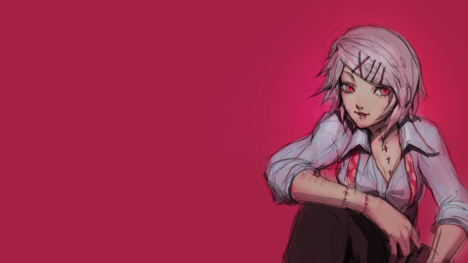 HD PC desktop wallpaper of Juuzou Suzuya from the anime Tokyo Ghoul, featuring the character with light pink hair and red eyes against a solid red background.