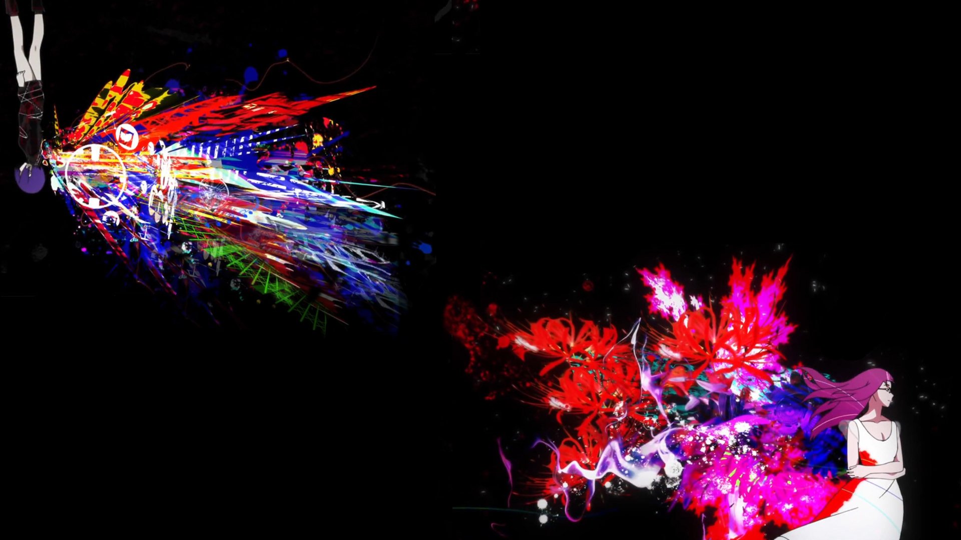 HD anime desktop wallpaper featuring Rize Kamishiro and Touka Kirishima from Tokyo Ghoul against a dark background with vibrant, abstract designs.