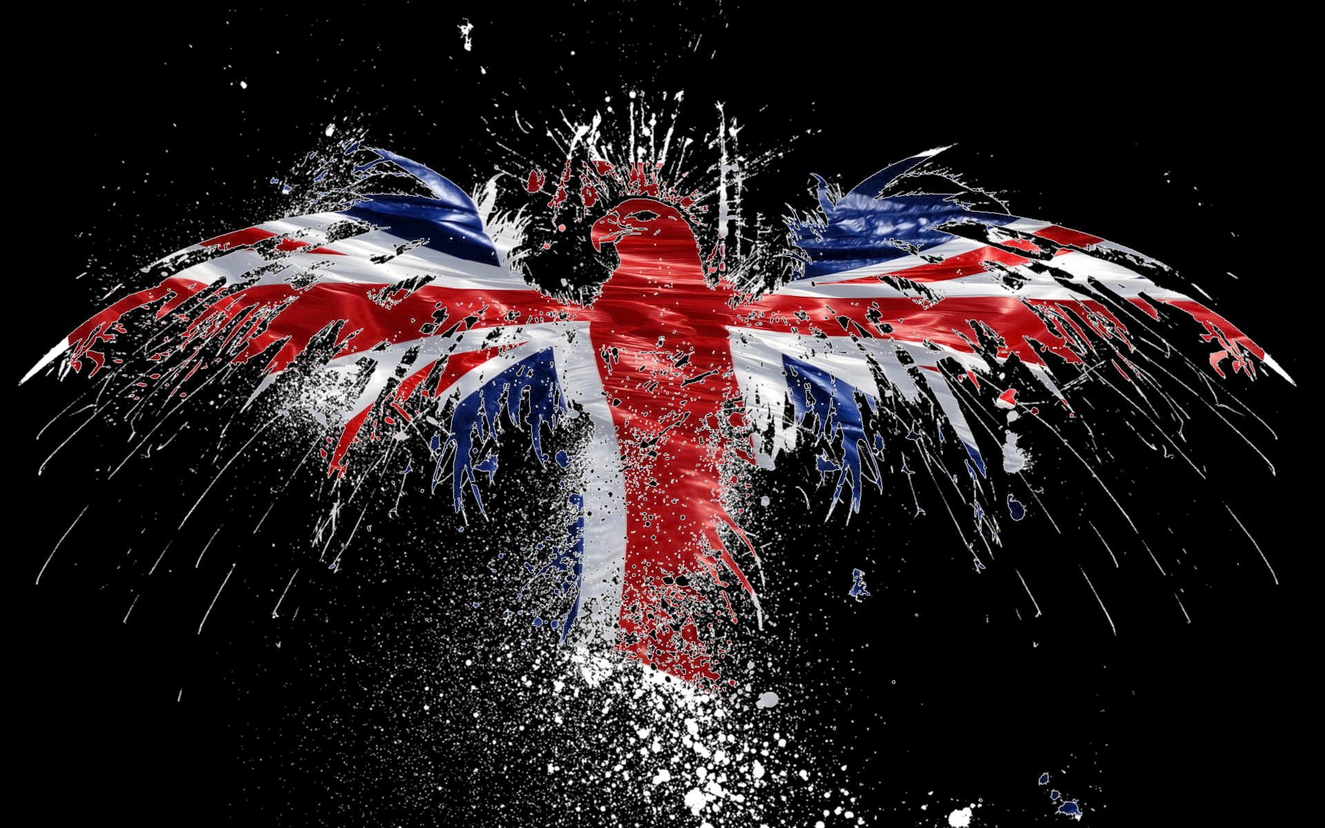 HD PC desktop wallpaper featuring a striking Union Jack design forming the shape of a bird with splattered paint effects on a black background.