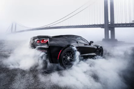 Black Chevrolet Corvette performs a smoky burnout near the Verrazzano-Narrows Bridge in New York, captured in a striking HD desktop wallpaper.