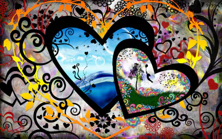 A vibrant, artistic HD desktop wallpaper featuring colorful, intertwined hearts representing love, against a dynamic, swirling background.