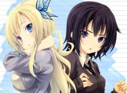 HD PC desktop wallpaper featuring anime characters Yozora Mikazuki and Sena Kashiwazaki from Boku Wa Tomodachi Ga Sukunai against a soft blue sky background.