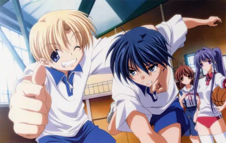 HD wallpaper featuring Kyou Fujibayashi, Tomoya Okazaki, Youhei Sunohara, and Nagisa Furukawa from the anime Clannad, captured in a lively basketball scene.