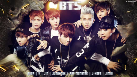 HD desktop wallpaper of BTS featuring members Suga, V, Jin, Jungkook, Rap Monster, J-Hope, and Jimin in stylish outfits, tagged with Bangtan Boys, music, and BTS.