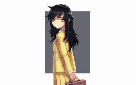 HD anime wallpaper featuring Tomoko Kuroki from Watamote, depicted in a yellow school uniform holding a brown bag against a simple gray background.