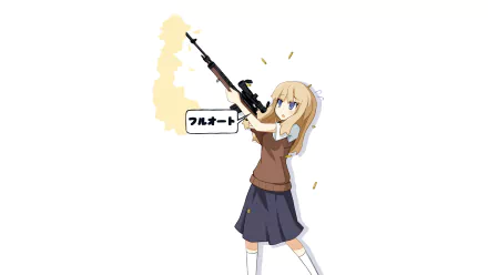 HD PC desktop wallpaper featuring an anime character from Upotte!! holding and firing an M14 rifle, showcasing dynamic action and vibrant style.