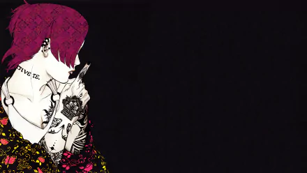 HD desktop wallpaper featuring Uta from Tokyo Ghoul, with a minimalist design. Uta's colorful tattoos and striking purple hair stand out against a dark background.
