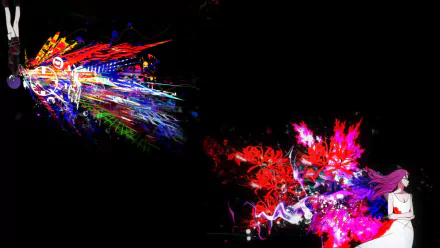 HD anime desktop wallpaper featuring Rize Kamishiro and Touka Kirishima from Tokyo Ghoul against a dark background with vibrant, abstract designs.