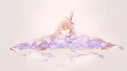 HD wallpaper featuring Chelsea from the anime Akame ga Kill! in a serene scene surrounded by purple flowers and softly falling rain, reflecting a sense of peace and finality.
