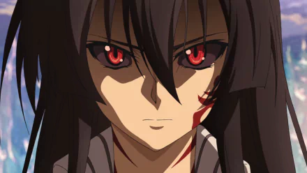 HD PC desktop wallpaper featuring Akame from the anime Akame ga Kill!, showcasing her intense red eyes and dark hair in a close-up shot.