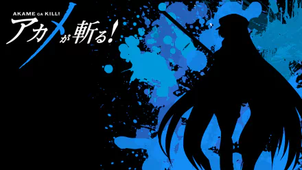 HD PC desktop wallpaper featuring a silhouette of an Akame ga Kill! character against a blue splattered background with the anime’s title text.