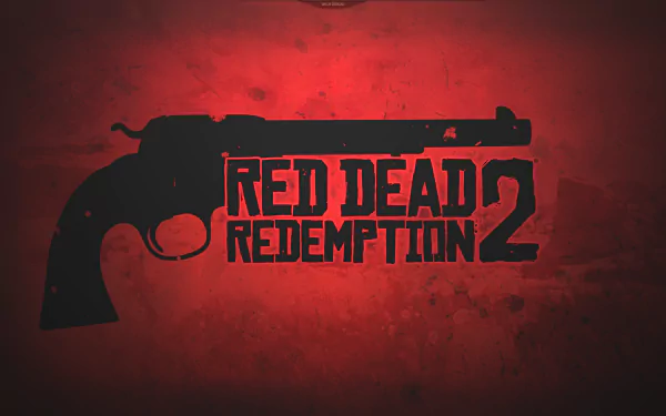 A HD desktop wallpaper for the video game Red Dead Redemption 2, featuring a red background with a black revolver and the game's title prominently displayed.