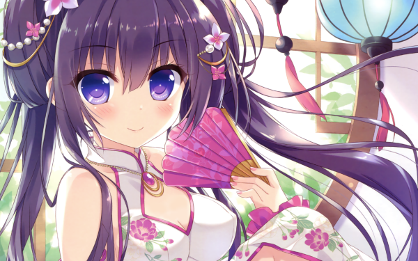 Anime Original Long Hair Twintails Black Hair Smile Fan Flower Lantern Purple Eyes Blush HD Wallpaper | Background Image