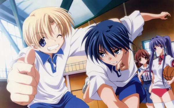 HD wallpaper featuring Kyou Fujibayashi, Tomoya Okazaki, Youhei Sunohara, and Nagisa Furukawa from the anime Clannad, captured in a lively basketball scene.