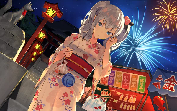 HD desktop wallpaper featuring Kashima from Kantai Collection. She stands in a scenic night festival, wearing a floral yukata, with lanterns, a fox statue, and fireworks decorating the sky.