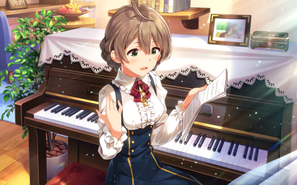 Kaori Sakuramori from THE iDOLM@STER: Million Live! stands by a piano holding sheet music with a surprised smile — colorful HD PC desktop wallpaper and background.