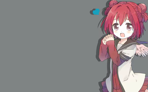 Anime YuruYuri HD PC desktop wallpaper: cheerful red-haired girl with twin buns in a school uniform waves from the right on a gray background with space for desktop icons.