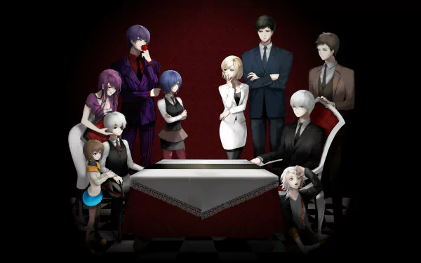 HD desktop wallpaper featuring the ensemble cast of Tokyo Ghoul, with multiple characters standing around a table in a dark, atmospheric setting.