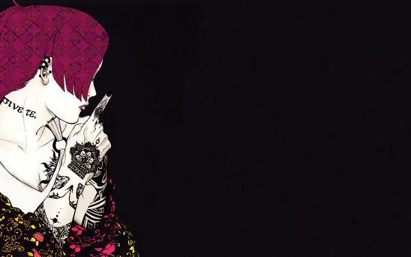 HD desktop wallpaper featuring Uta from Tokyo Ghoul, with a minimalist design. Uta's colorful tattoos and striking purple hair stand out against a dark background.