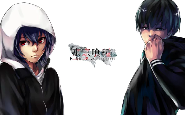 Anime characters Ken Kaneki and Ayato Kirishima from Tokyo Ghoul are featured in this HD desktop wallpaper, showcasing their intense expressions against a stylized background.