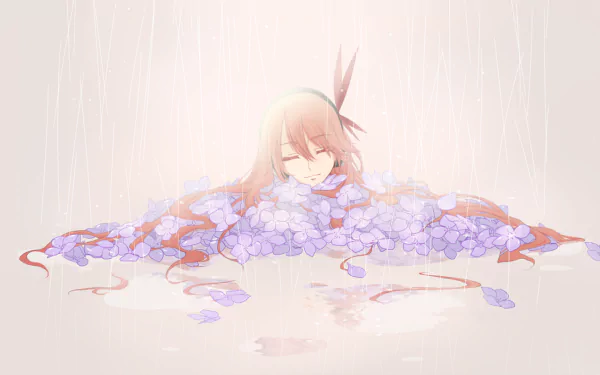 HD wallpaper featuring Chelsea from the anime Akame ga Kill! in a serene scene surrounded by purple flowers and softly falling rain, reflecting a sense of peace and finality.