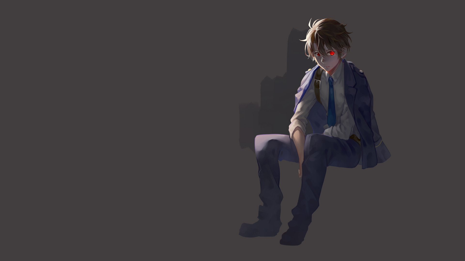HD PC desktop wallpaper — anime (Aldnoah.Zero): lone seated young man in a school uniform with a glowing red eye against a dark, minimalist background.