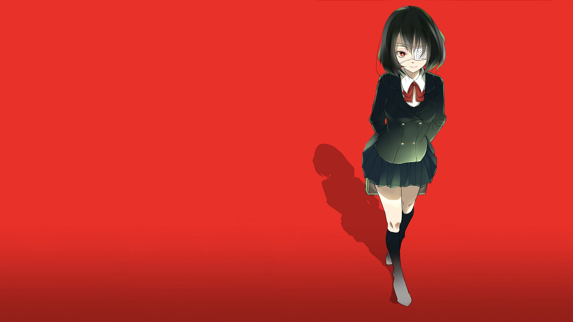 Anime HD desktop wallpaper featuring Mei Misaki from Another, smiling with an eye patch, wearing a skirt and socks against a bold red background.