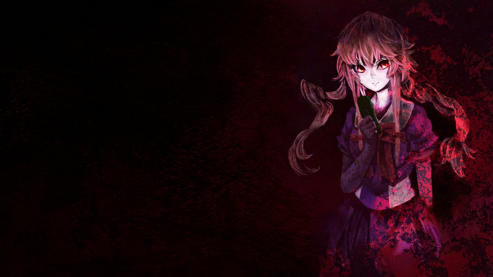 HD desktop wallpaper featuring Yuno Gasai from the anime Mirai Nikki, set against a dark, moody background. Yuno stands prominently on the right, showcasing her intense gaze and long, flowing hair.
