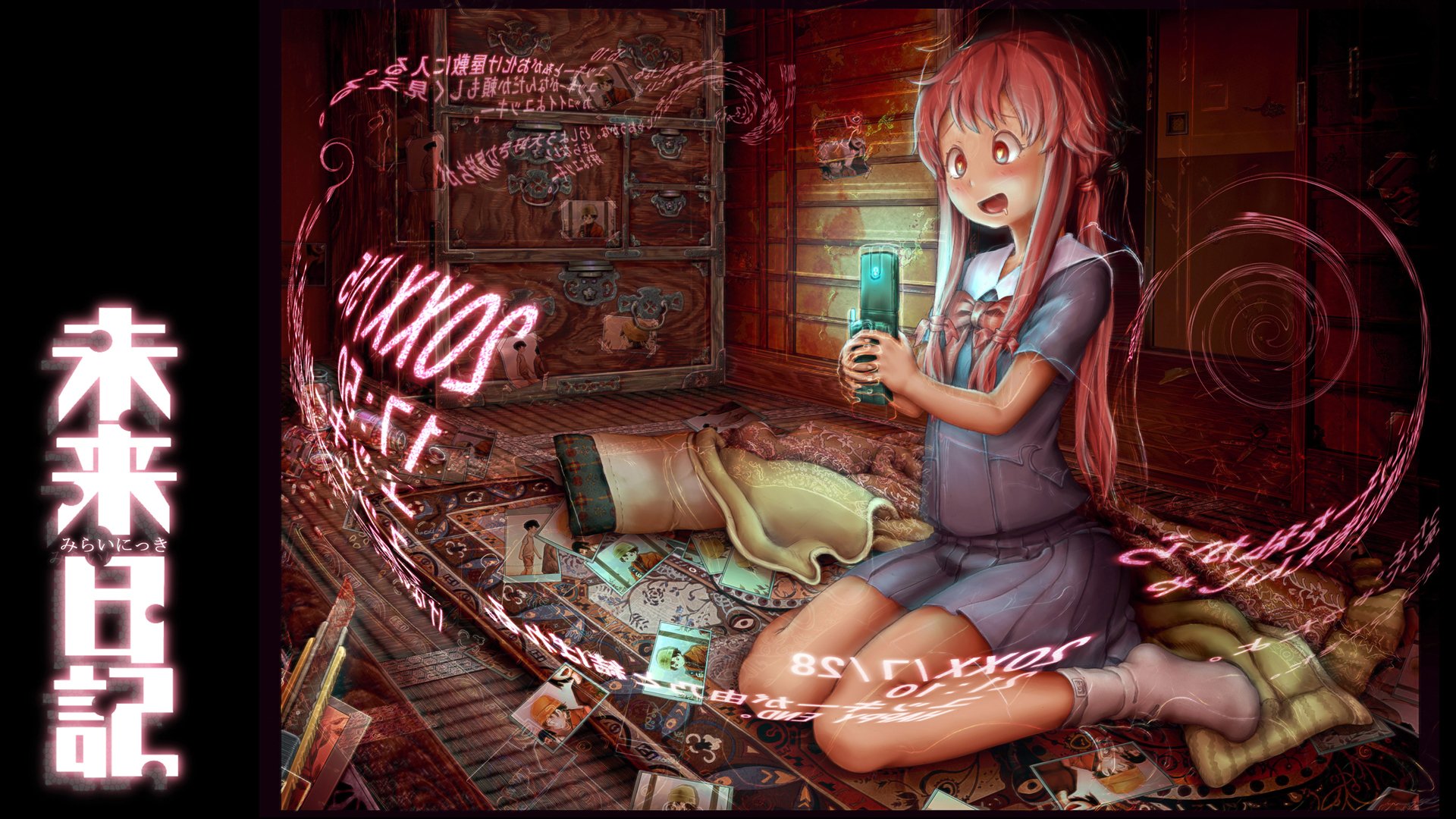 Yuno Gasai from the anime Mirai Nikki sits on the floor, surrounded by scattered objects, with a surprised expression as she holds a glowing item in a dimly lit room. HD desktop wallpaper.