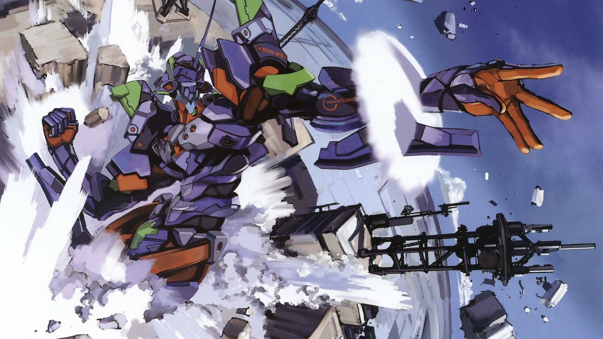 HD PC desktop wallpaper featuring a dynamic anime scene from Neon Genesis Evangelion, showcasing the iconic mecha in vivid action amidst debris and a cloudy sky.