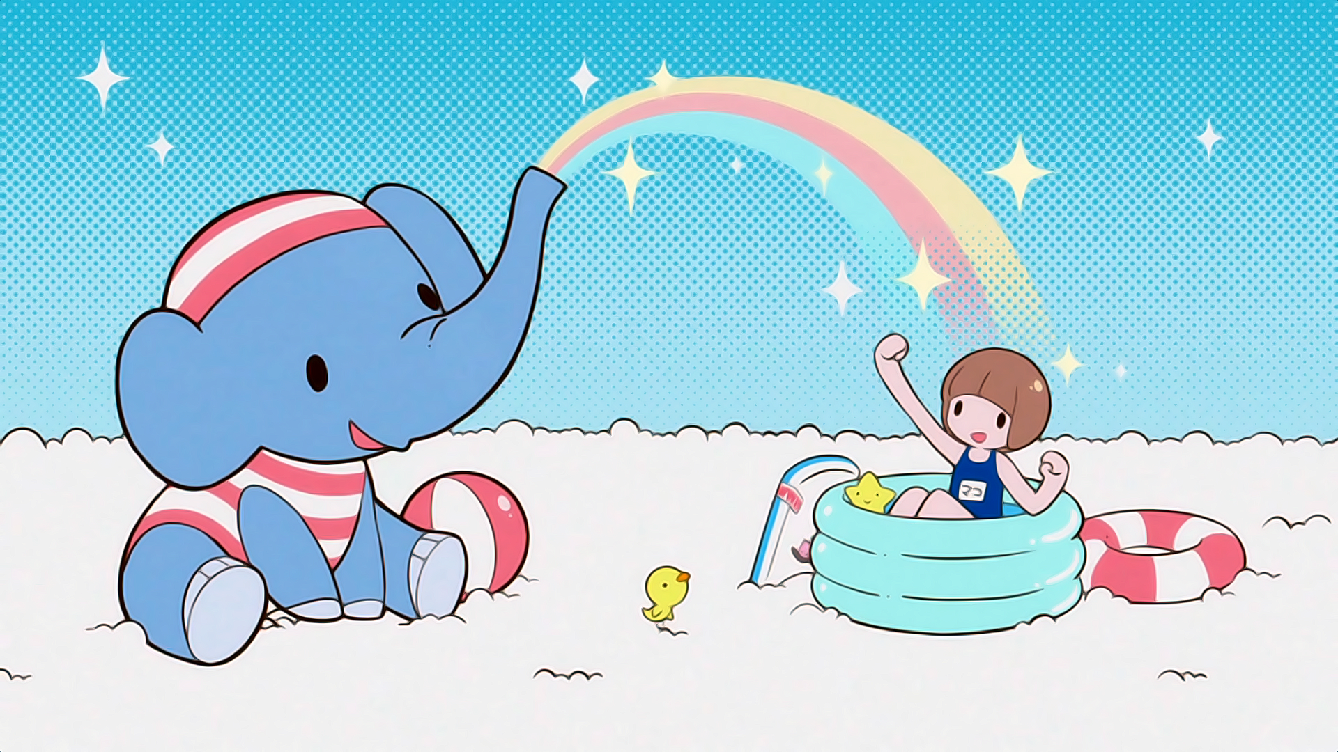 HD PC desktop wallpaper/background: Mako Mankanshoku (Kill La Kill) — chibi anime Mako waving from a kiddie pool as a striped elephant sprays a rainbow, tiny chick on white sand sky.