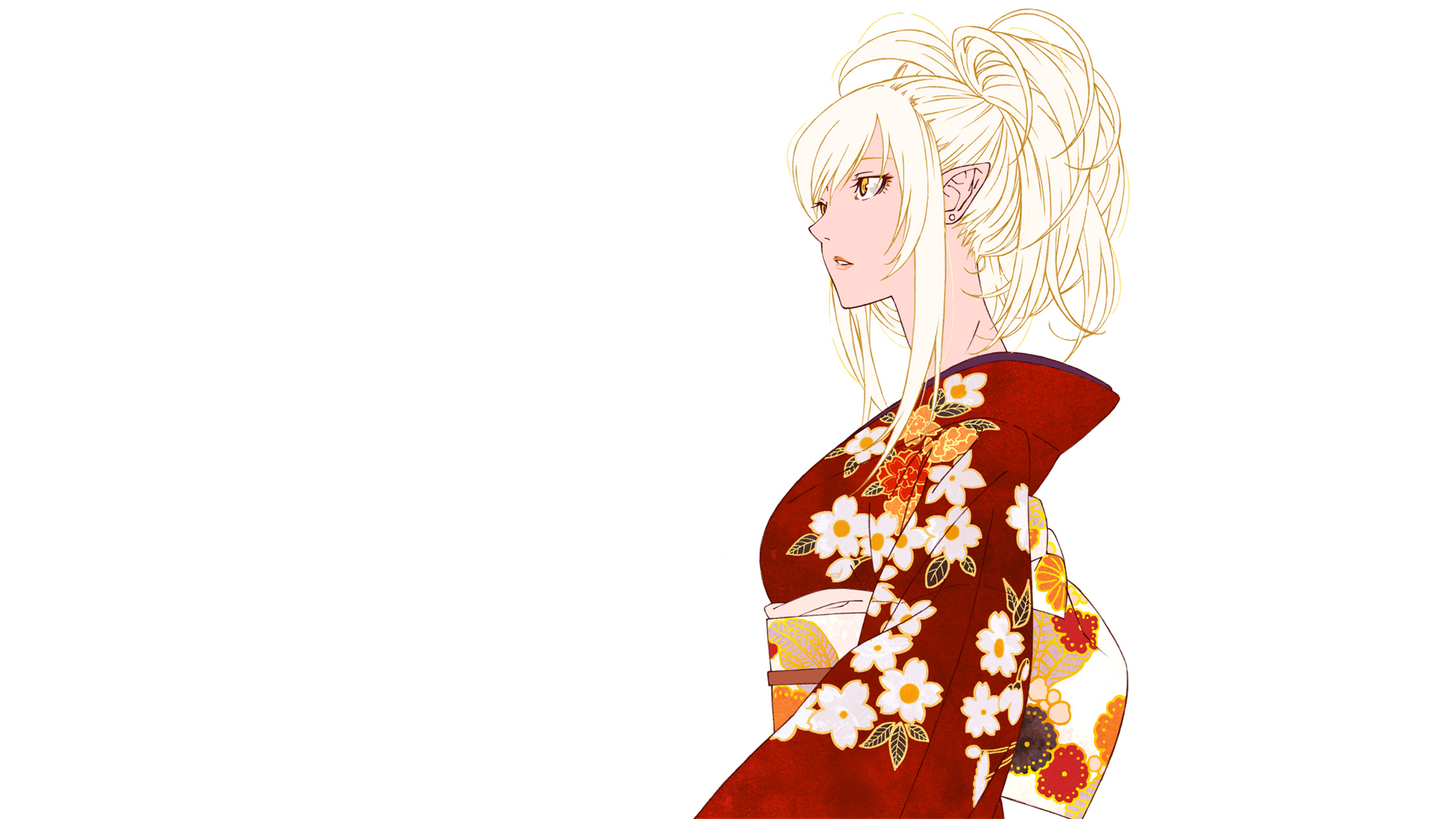 Anime HD PC desktop wallpaper from the Monogatari series: side profile of a pale blonde woman in a red floral kimono against a white background.