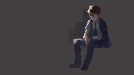 HD PC desktop wallpaper — anime (Aldnoah.Zero): lone seated young man in a school uniform with a glowing red eye against a dark, minimalist background.