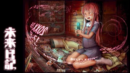 Yuno Gasai from the anime Mirai Nikki sits on the floor, surrounded by scattered objects, with a surprised expression as she holds a glowing item in a dimly lit room. HD desktop wallpaper.
