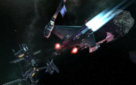 HD PC desktop wallpaper of a sci-fi spaceship racing by an asteroid toward a space station, trailing blue engine flames and glowing red thrusters.