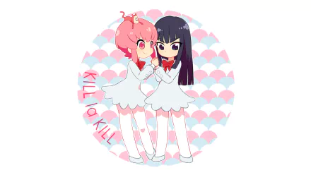 Chibi-style Satsuki Kiryūin and Nonon Jakuzure from Kill La Kill, set against a pastel pink and blue scalloped background in this HD anime desktop wallpaper.
