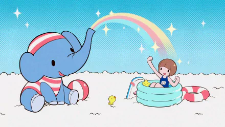 HD PC desktop wallpaper/background: Mako Mankanshoku (Kill La Kill) — chibi anime Mako waving from a kiddie pool as a striped elephant sprays a rainbow, tiny chick on white sand sky.