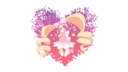 HD PC wallpaper of Nui Harime (Kill la Kill) in a pink frilly dress, floating inside a heart-shaped pink-purple splash with stars and long spiral blonde pigtails.